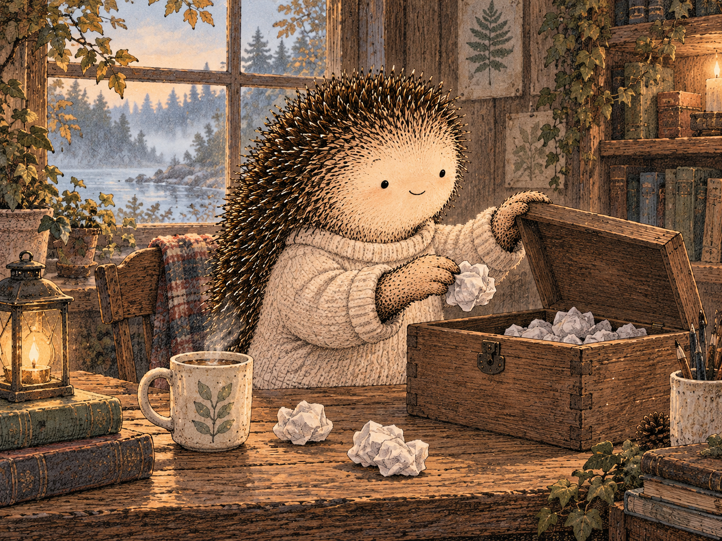 Day 138: Keeping the Unknown in Its Own Box Can Stop Imagined Outcomes From Becoming Felt Facts. Woodland hedgehog illustration.