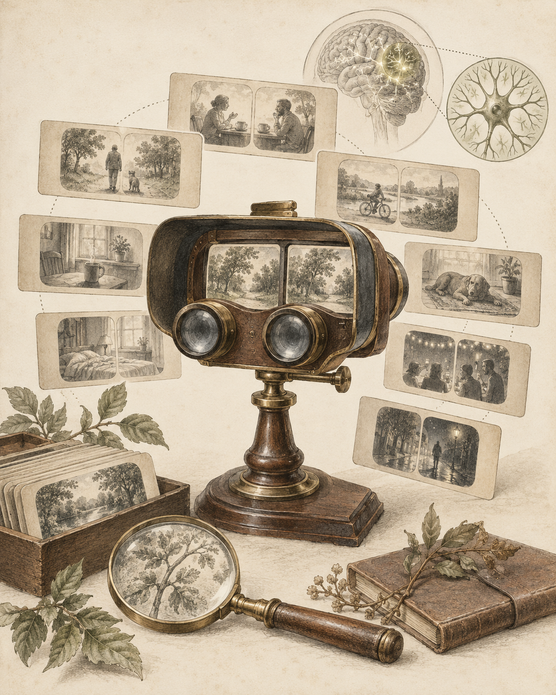 Vintage stereoscope and observation cards illustrating patterns across ordinary days.