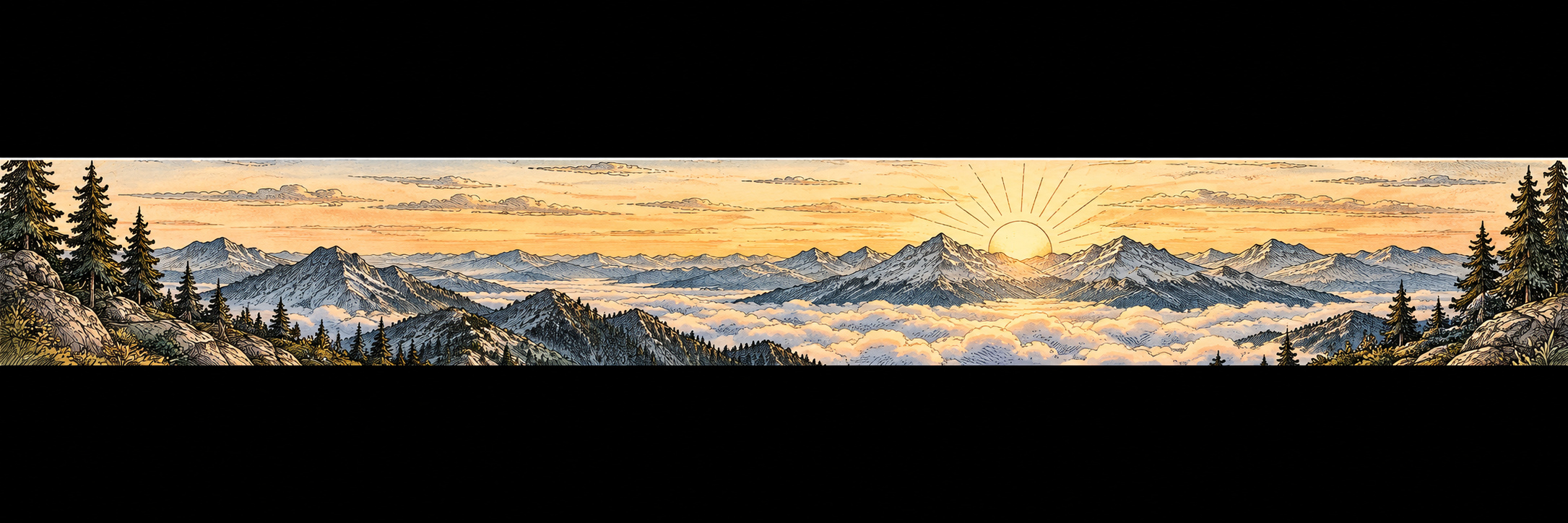 Sunrise beyond a mountain ridge with clouds below