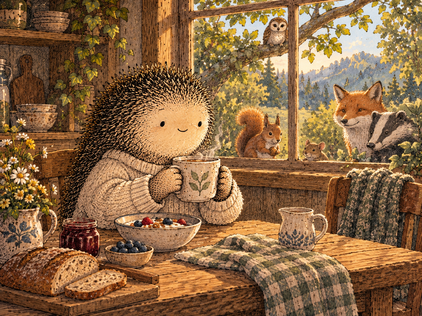 Day 44: Small Things Can Start Feeling Worth Doing Again. Woodland hedgehog illustration.