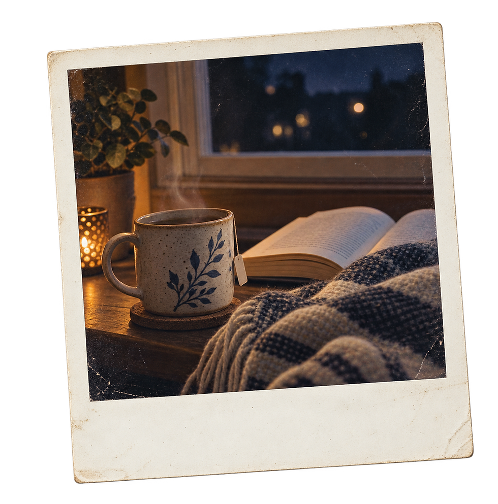 A ceramic tea mug beside an open book and folded blanket at night.