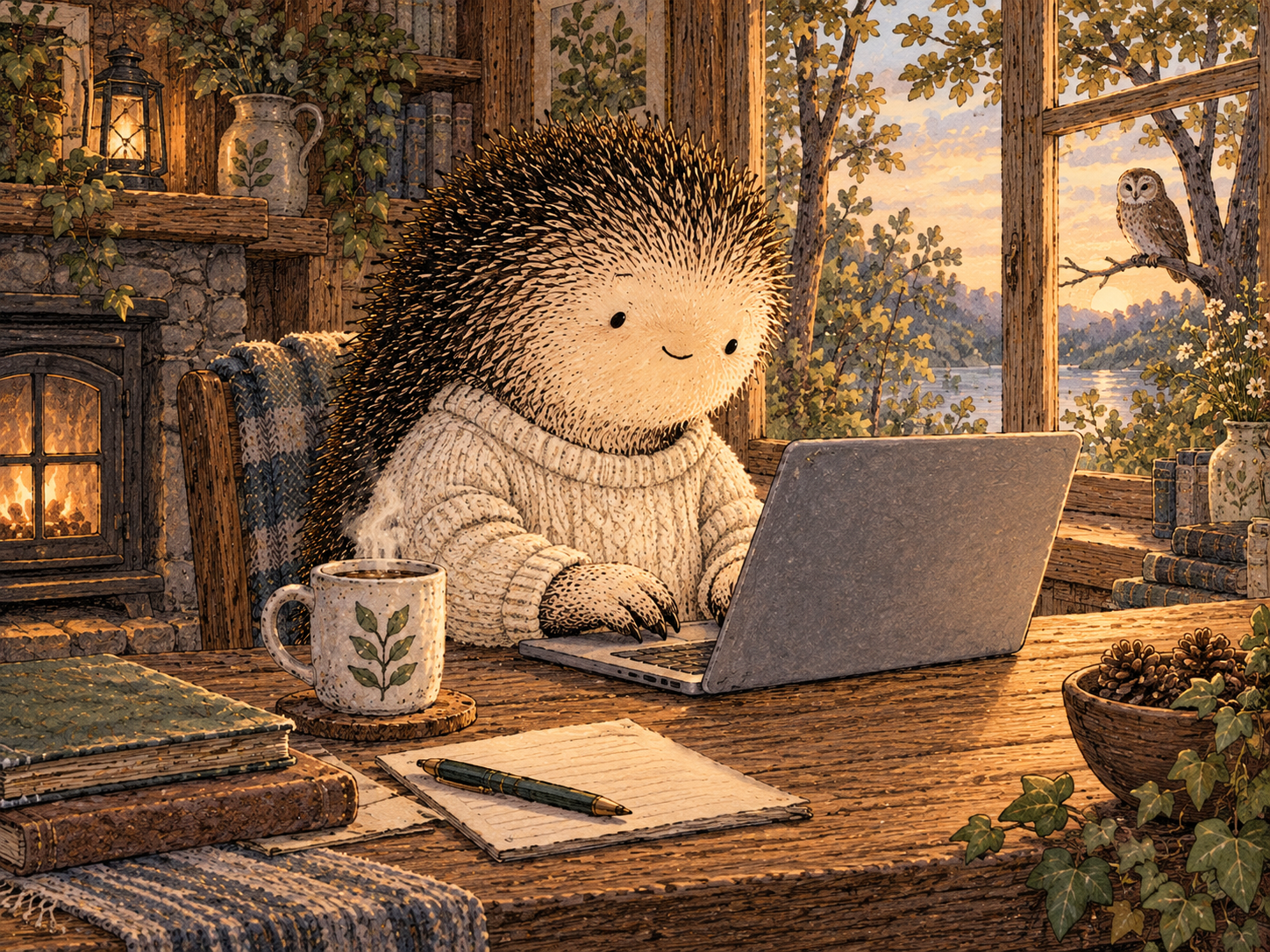 Day 65: A Small Completed Action Can Quiet a Problem More Than Another Night of Not Looking at It. Woodland hedgehog illustration.