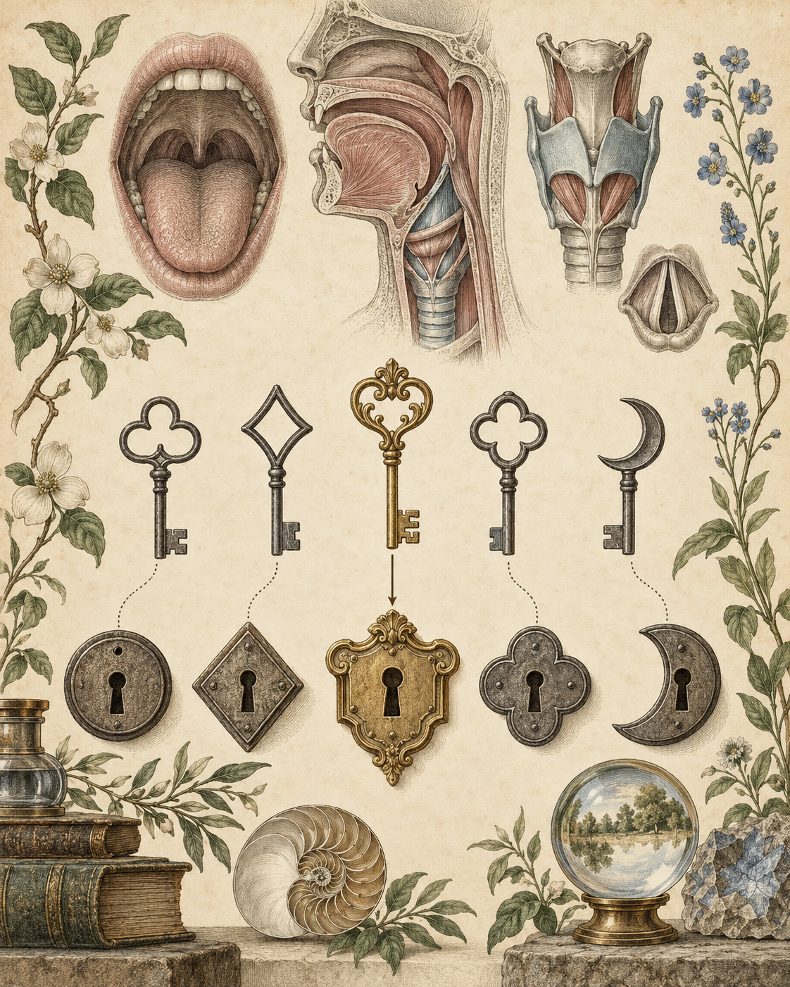 Vintage illustration of distinct keys and locks with anatomical voice studies.
