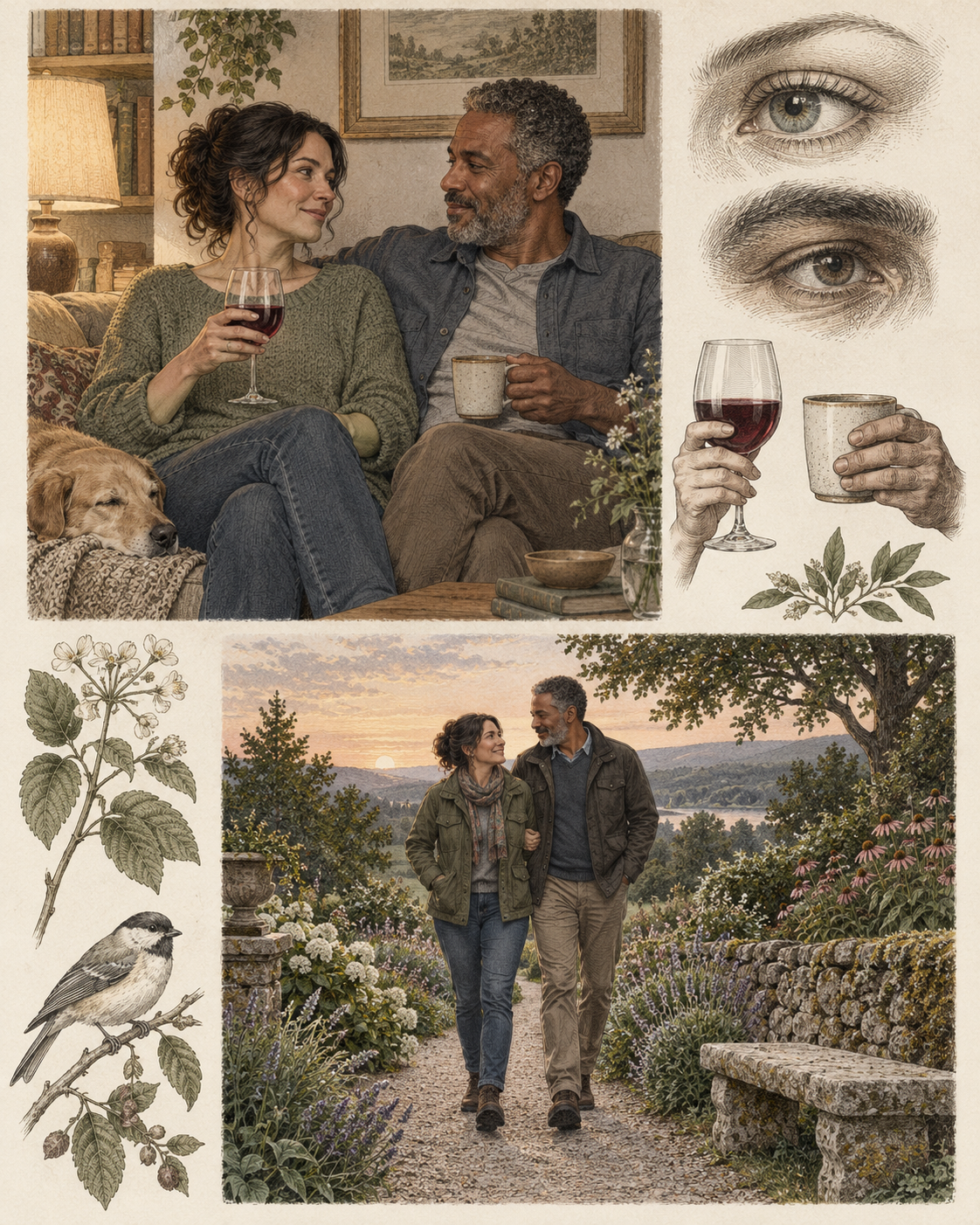 Vintage illustration of partners sharing new routines while making different drinking choices.