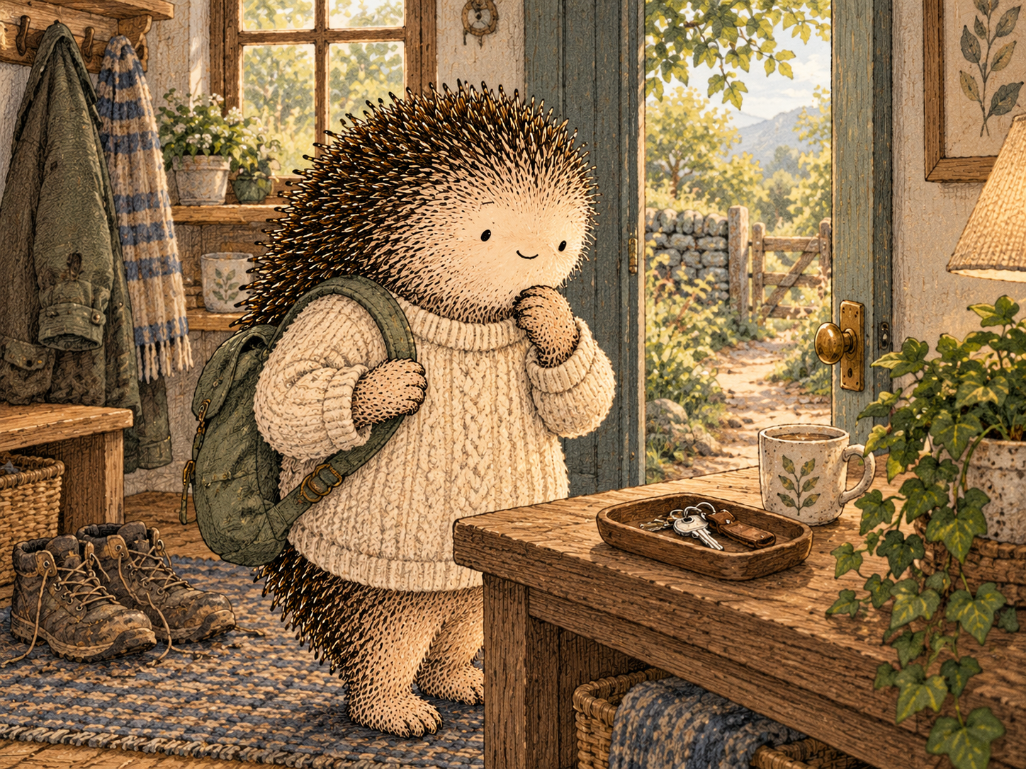 Day 284: Tiny Friction Can Create a Pause Where the Old Path Used to Run Automatically. Woodland hedgehog illustration.