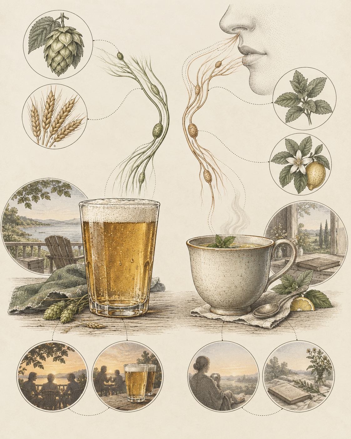 Antique illustration of familiar and alternative drink cues with sensory pathways.