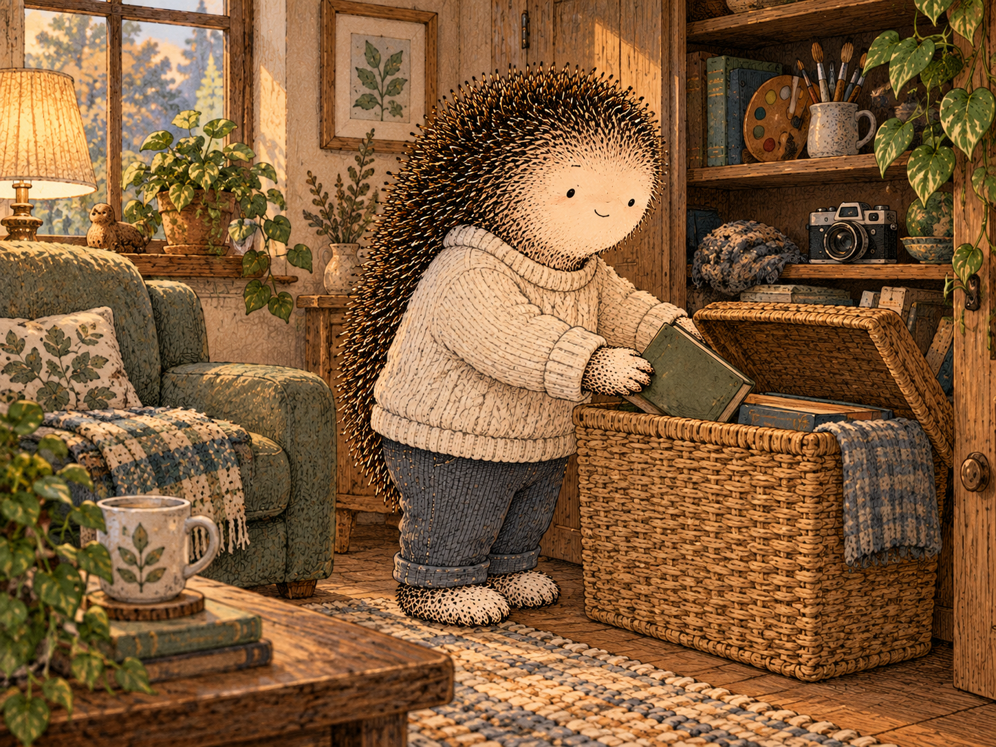Day 285: Reducing Visual Exposure Can Lower the Number of Times You Have to Consider an Option at All. Woodland hedgehog illustration.