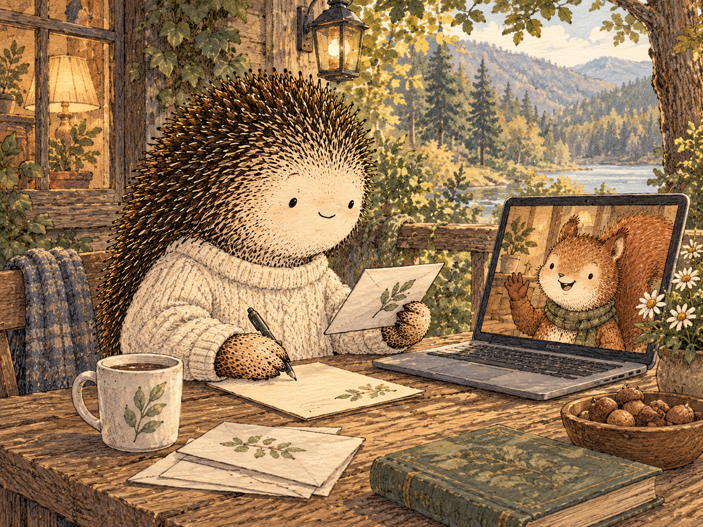 Day 276: More Than One Way to Stay Connected Makes Relationships Less Fragile. Woodland hedgehog illustration.