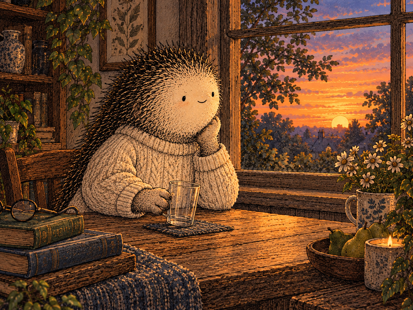 Day 9: See the Story Before You Buy It. Illustrated hedgehog with the same face as this day's main image.