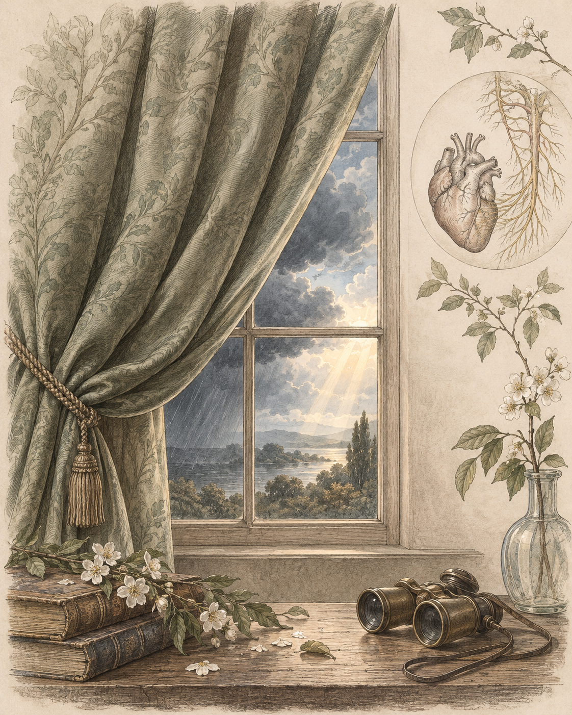 Antique illustration of a partly drawn curtain, changing weather and autonomic nerves.