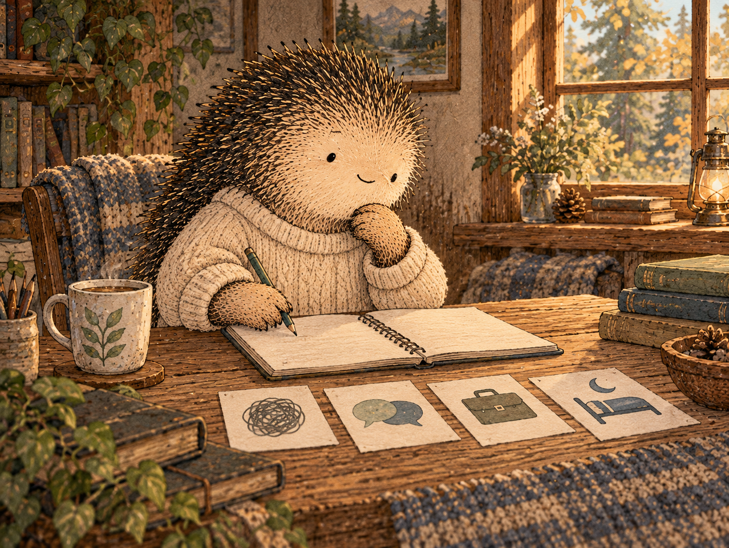 Day 74: You Can Stop Blaming Alcohol for Problems That Need Their Own Solution. Woodland hedgehog illustration.