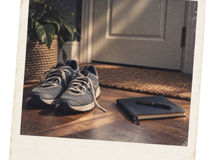 Running shoes waiting beside a closed door and unopened notebook.