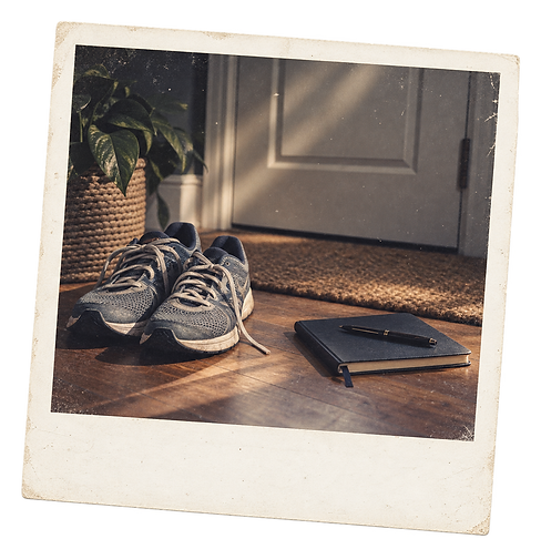 Running shoes waiting beside a closed door and unopened notebook.