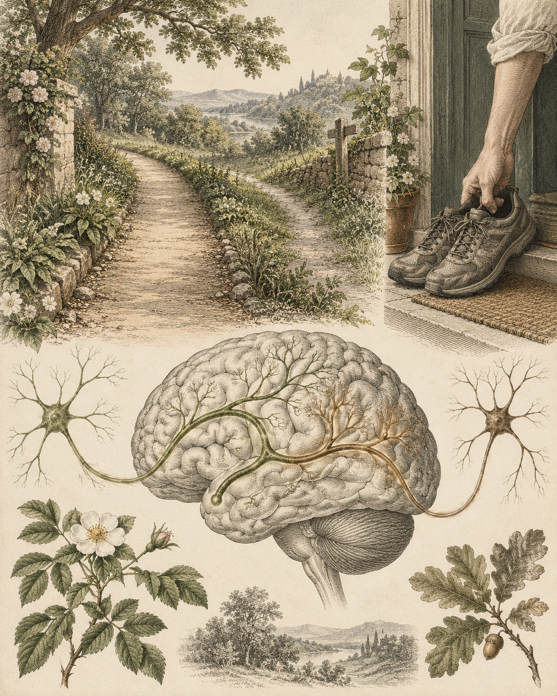 A familiar garden path, walking shoes and two neural routes in antique engraving.