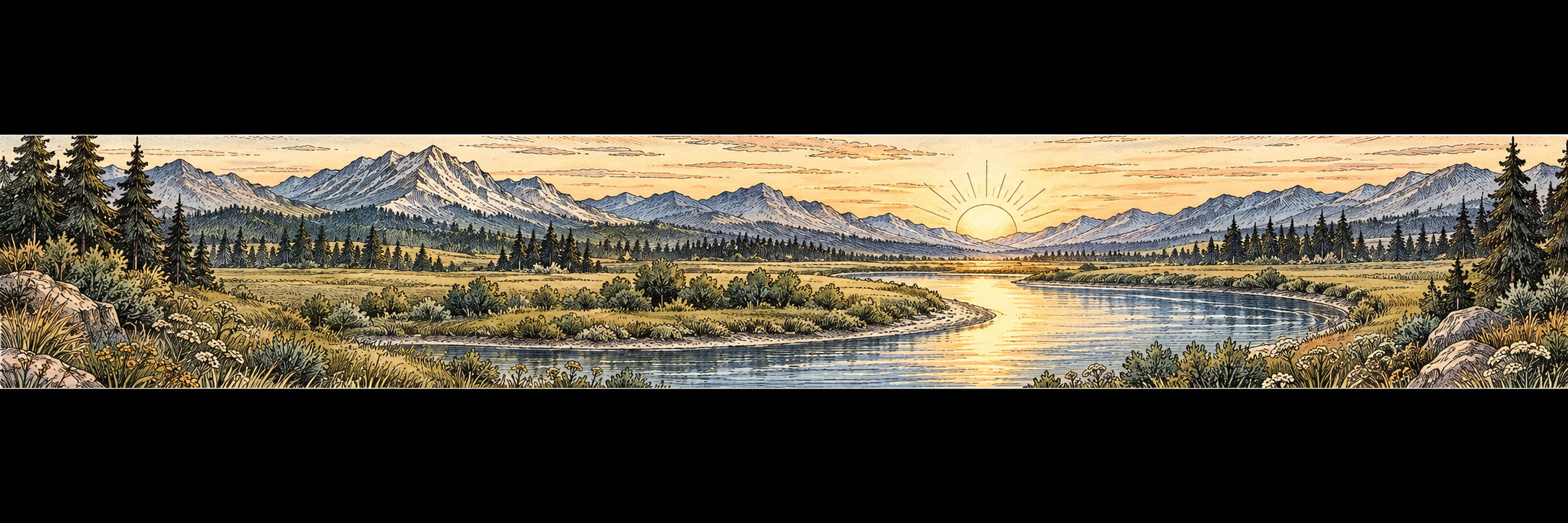 Rolling meadow river bend at pale gold dawn