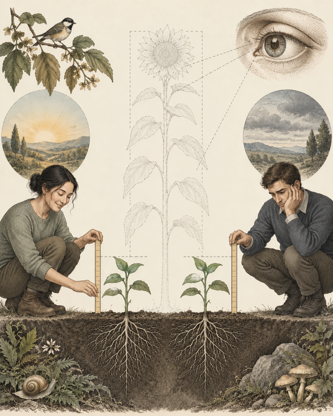 Equal small seedlings contrasted with a faint imagined taller plant and an eye study.
