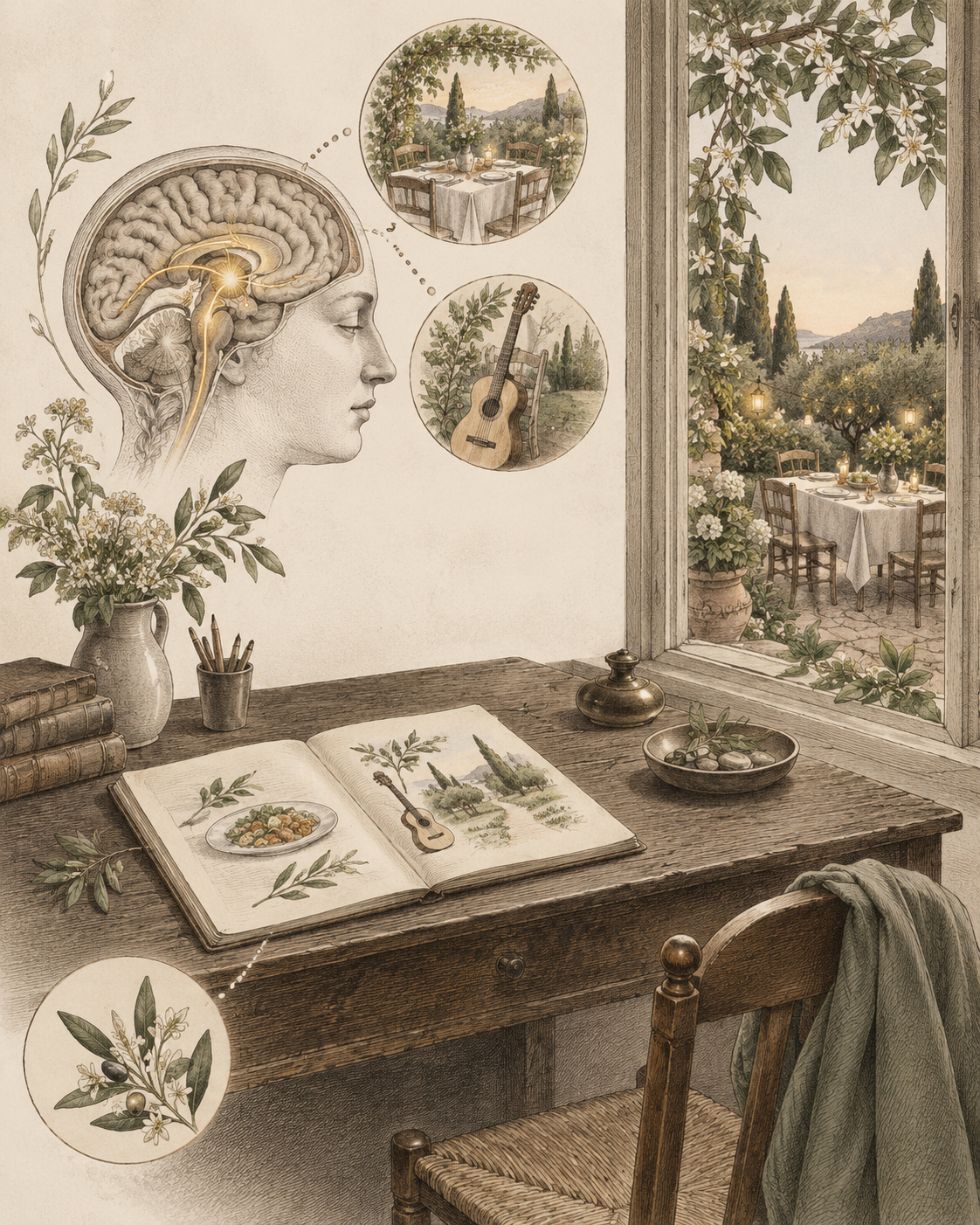 Vintage evening-plan study illustrating anticipation before the familiar reward cue.
