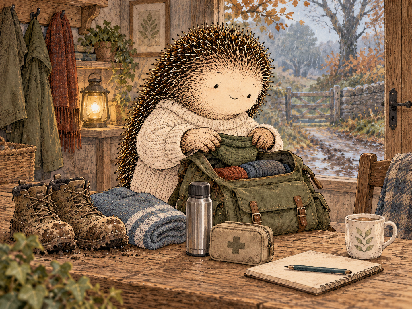 Day 355: Preplanning a Non-Catastrophic Response Can Make a Future Slip Easier to Contain and Learn From. Woodland hedgehog illustration.