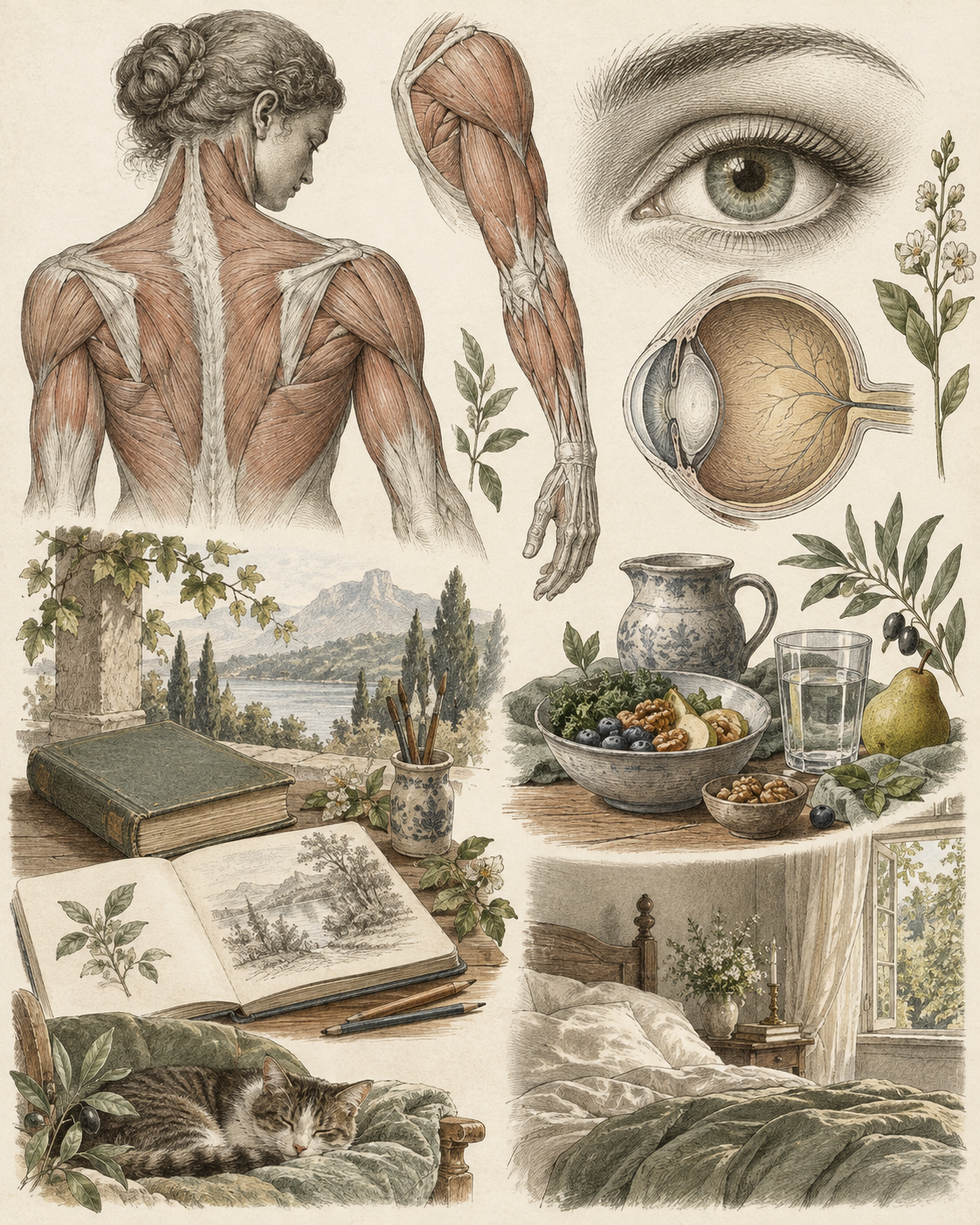 Recovery scenes with food, rest, sketching and anatomical studies.