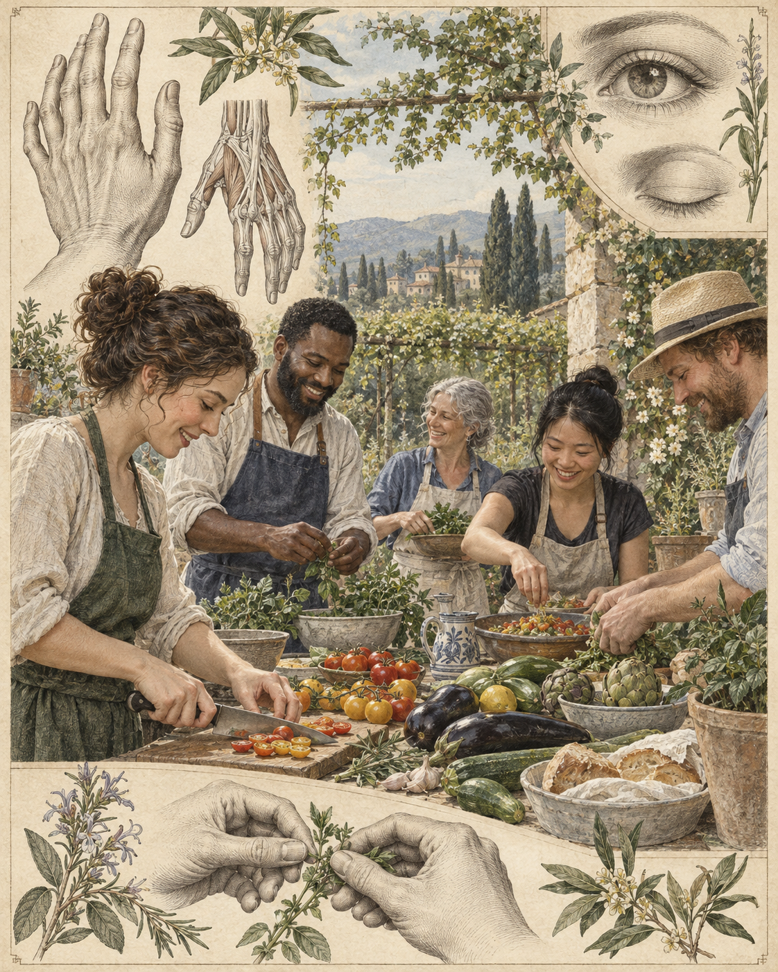 Vintage garden cooking illustration with anatomical hand and eye studies.