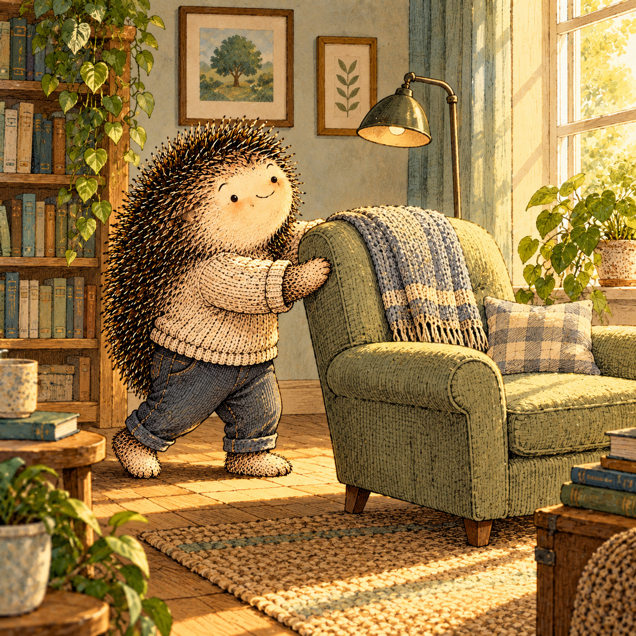 A gentle cream-faced, spiky-furred woodland companion exploring Day 287: Design the Room for the Life You Want
