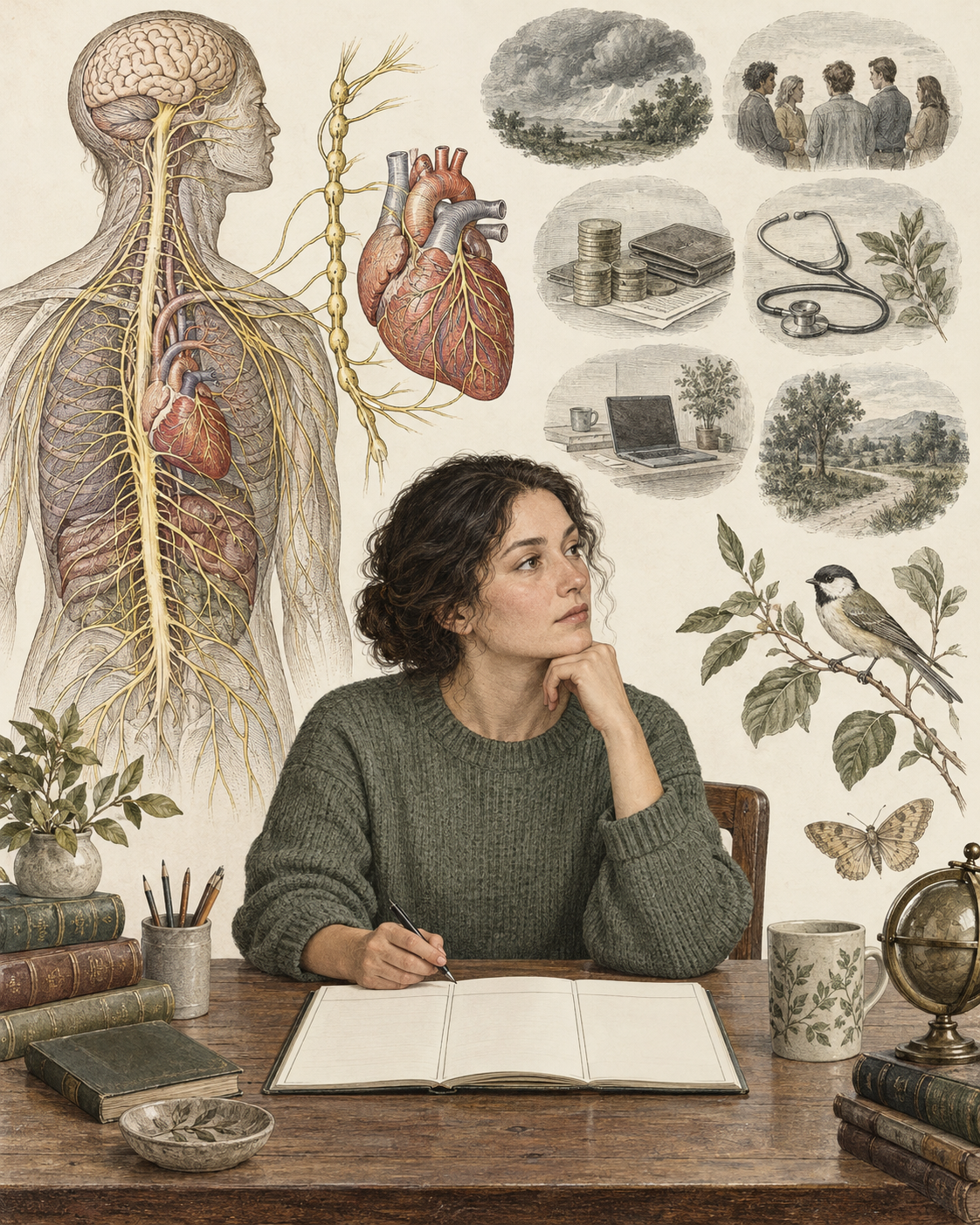 An adult reviewing a blank notebook beside nervous-system and heart studies.