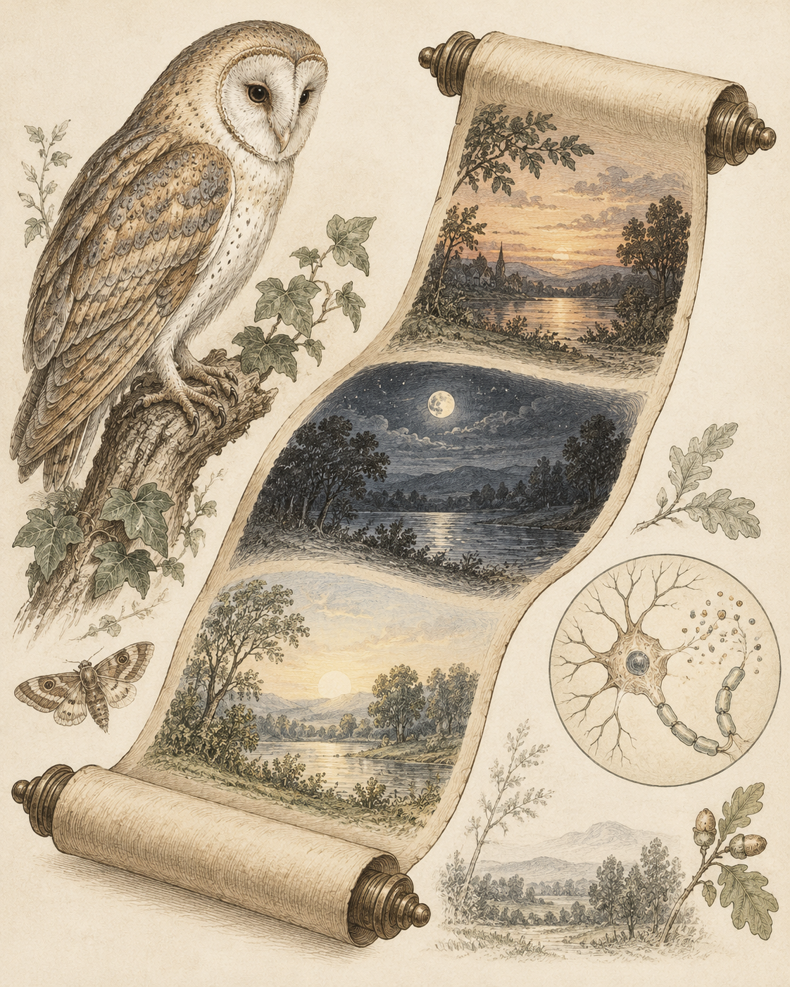 Antique observation scroll spanning evening, nighttime and morning with a neural inset.