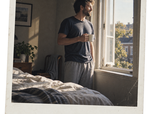 A white man standing beside an open bright bedroom window in morning, ordinary recovery and routine, no alcohol.