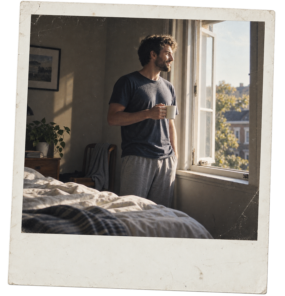A white man standing beside an open bright bedroom window in morning, ordinary recovery and routine, no alcohol.