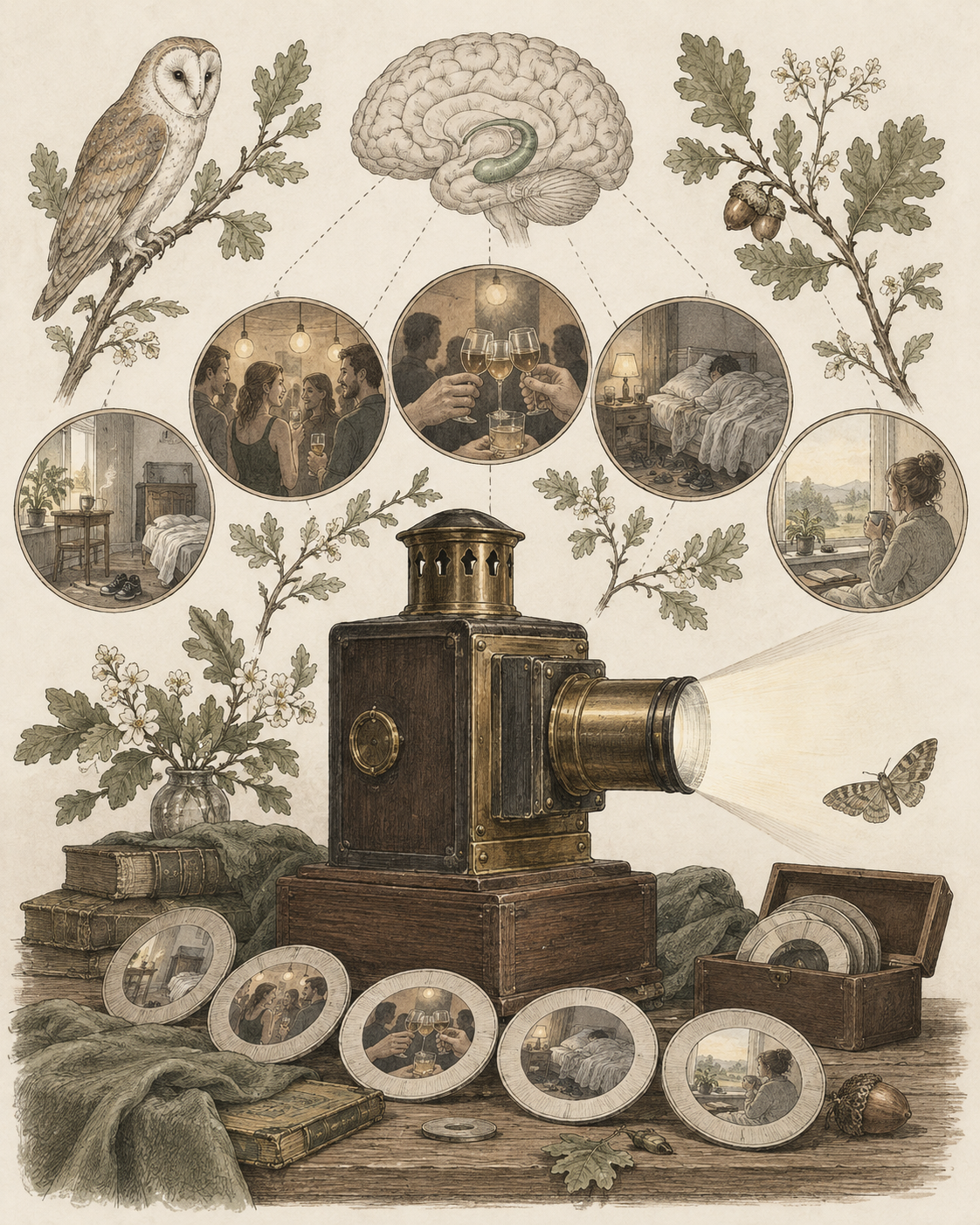 Vintage optical lantern and complete observation sequence illustrating full memory recall.