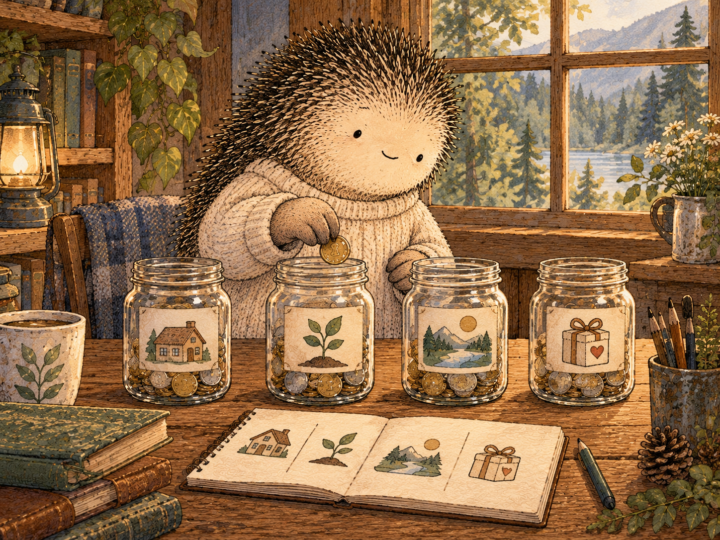 Day 243: Giving Money Specific Jobs Makes It Easier to Tell the Difference Between Useful Growth and Scorekeeping. Woodland hedgehog illustration.