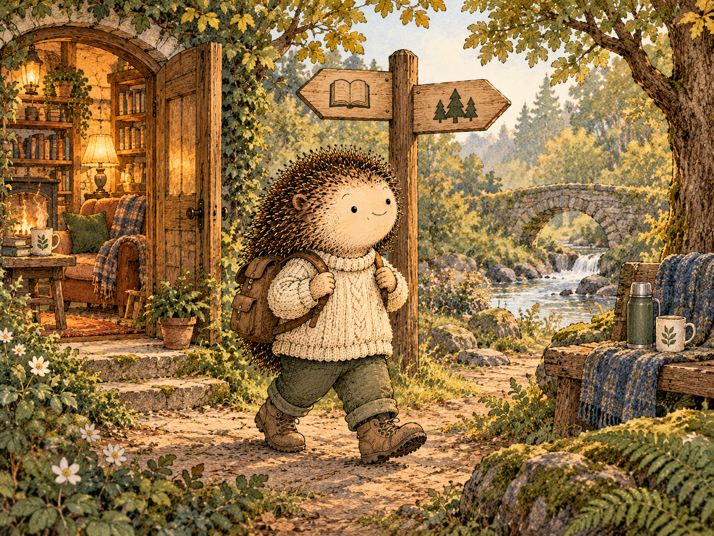 Day 268: More Than One Place to Belong Makes Change Less Socially Expensive. Woodland hedgehog illustration.
