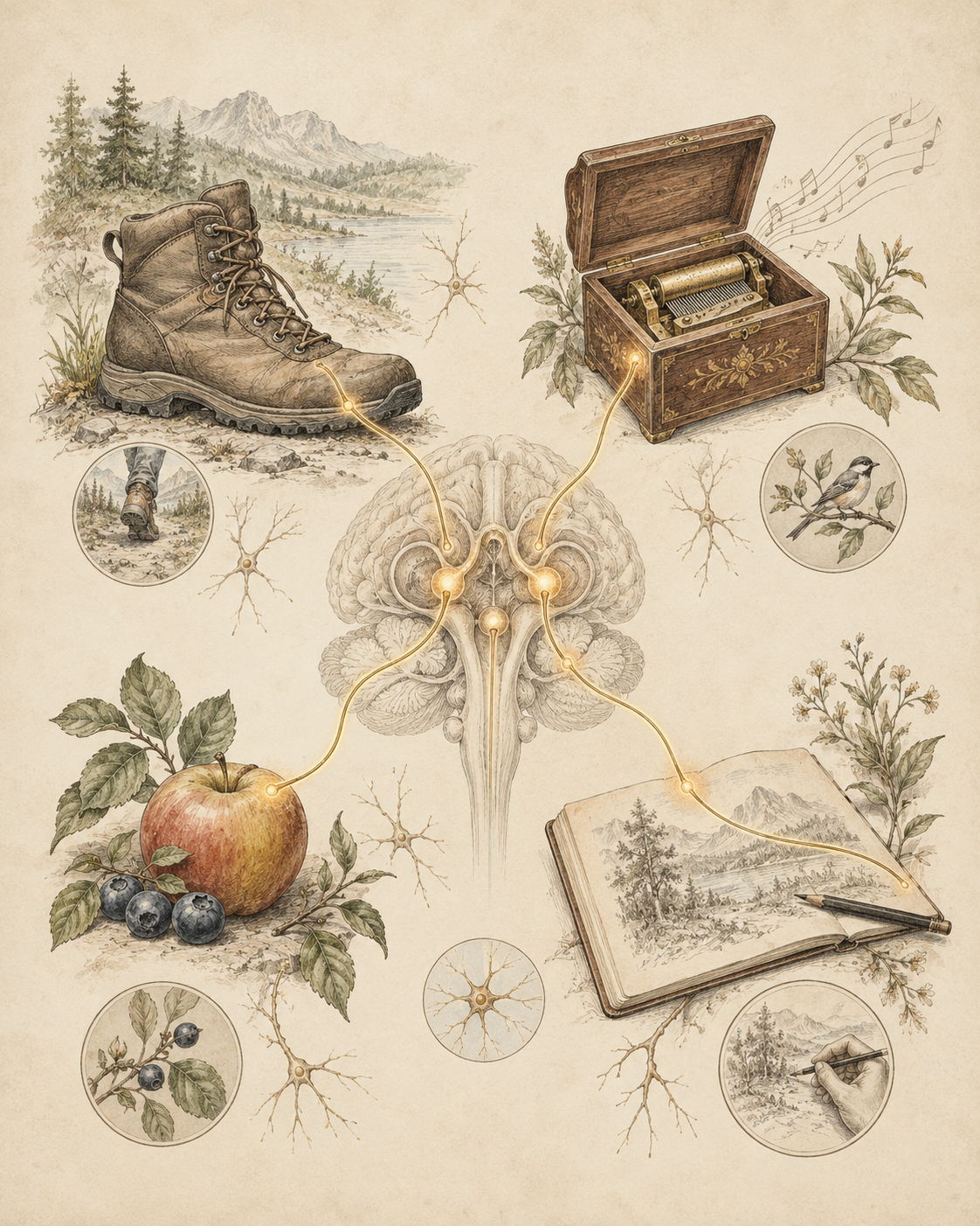Antique illustration of several rewarding activities linked by neural pathways.