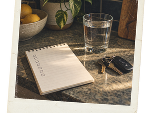 An unmarked checklist beside keys and a water glass on kitchen counter.