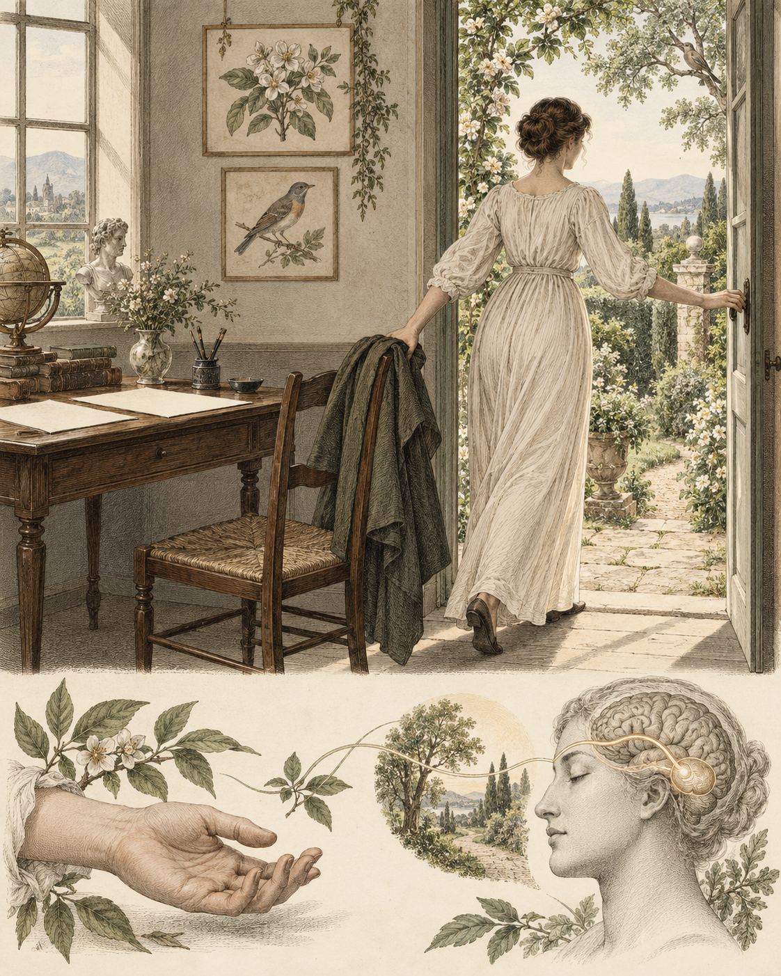 Vintage garden doorway and attention study illustrating a transition out of performance.