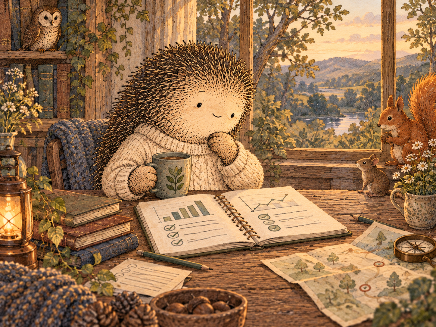 Day 60: Your Next Decisions Can Be Based More on Evidence and Less on Guessing. Woodland hedgehog illustration.