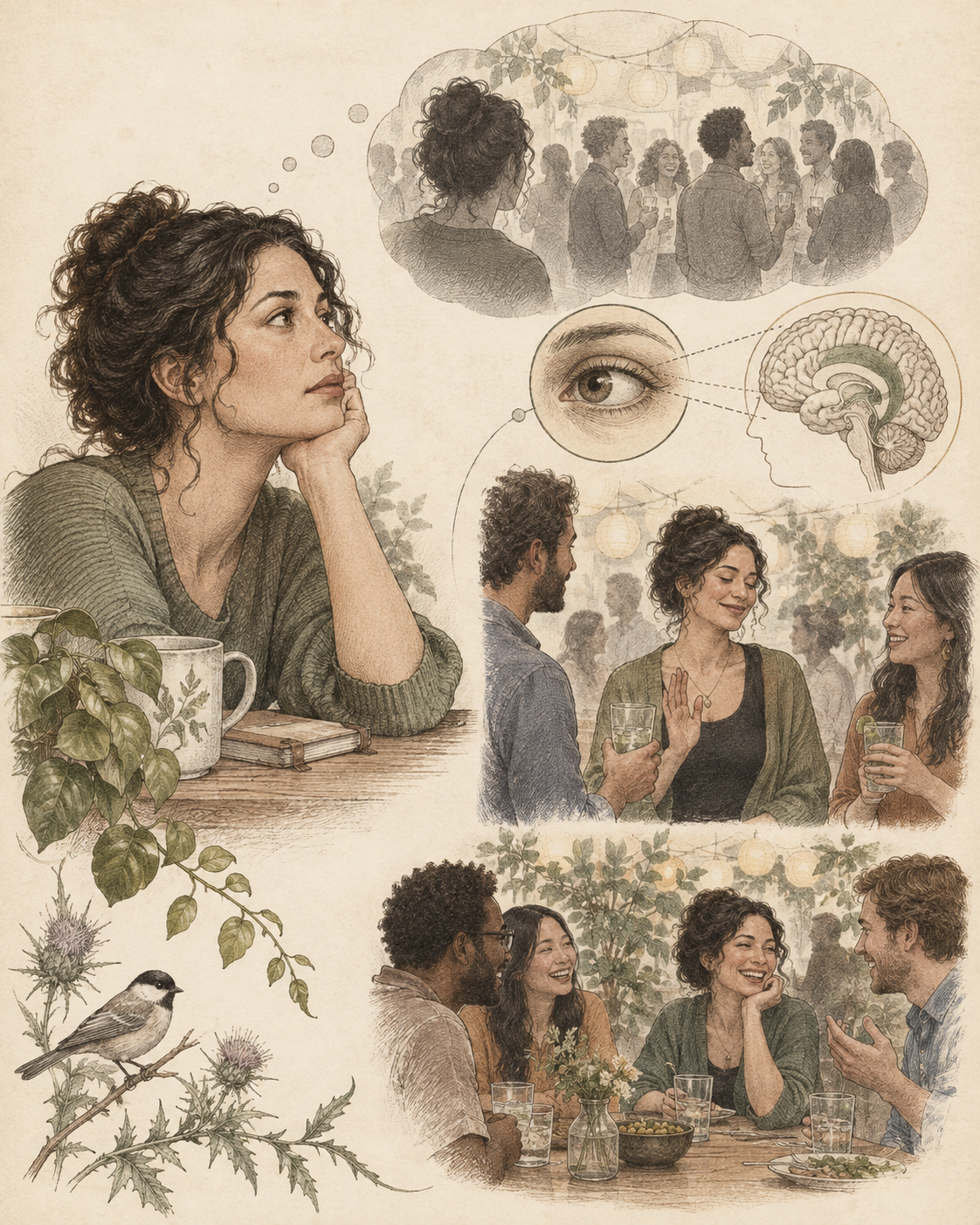 Vintage social scenes illustrating anticipation, declining a drink and staying connected.