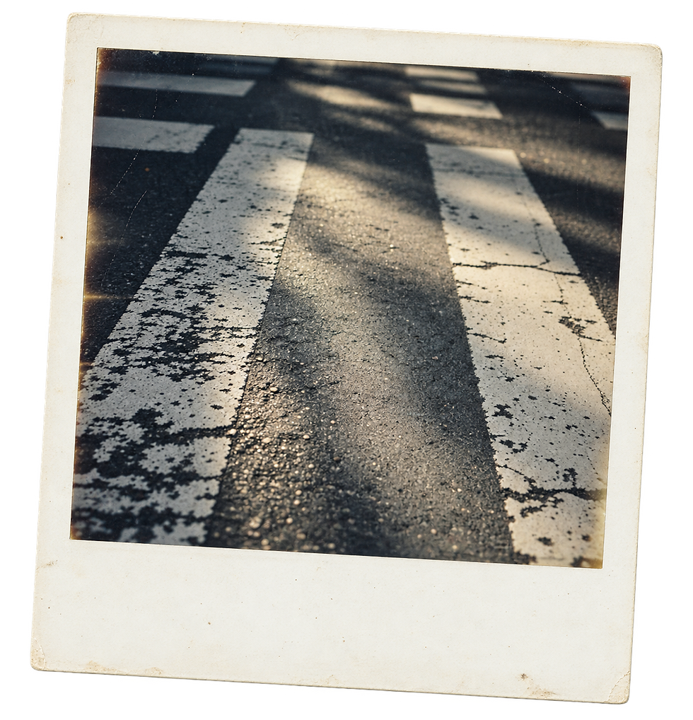 Black and white crossing lines on weathered pavement, gray shadow between.