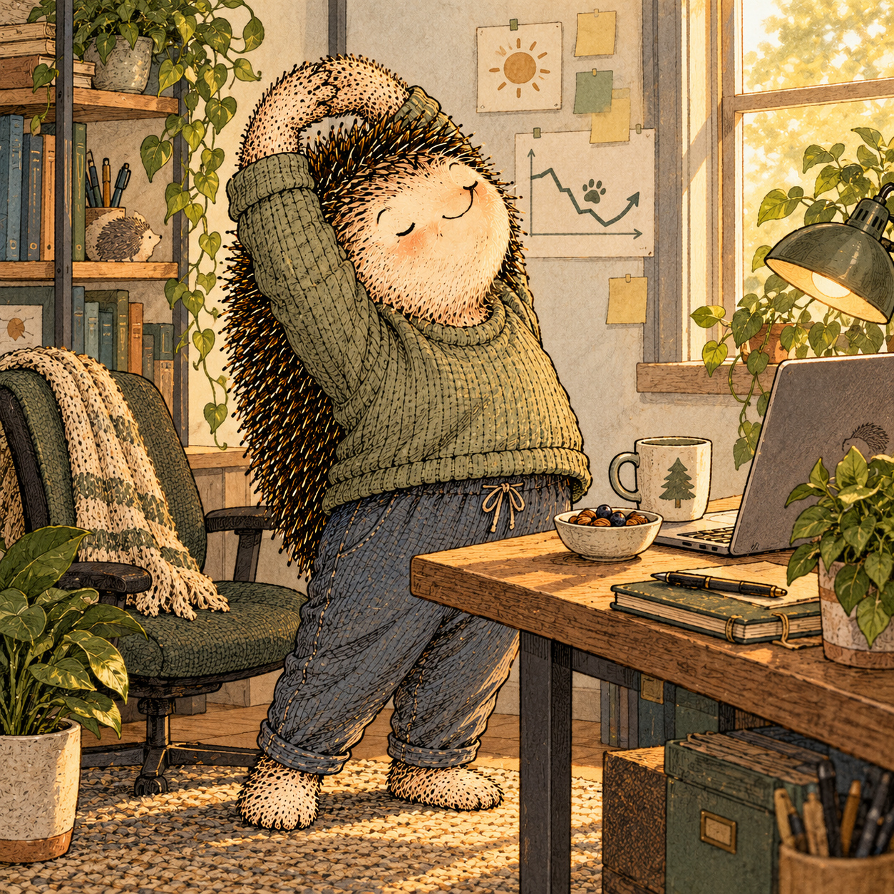 A gentle cream-faced, spiky-furred woodland companion exploring Day 105: The Afternoon Crash