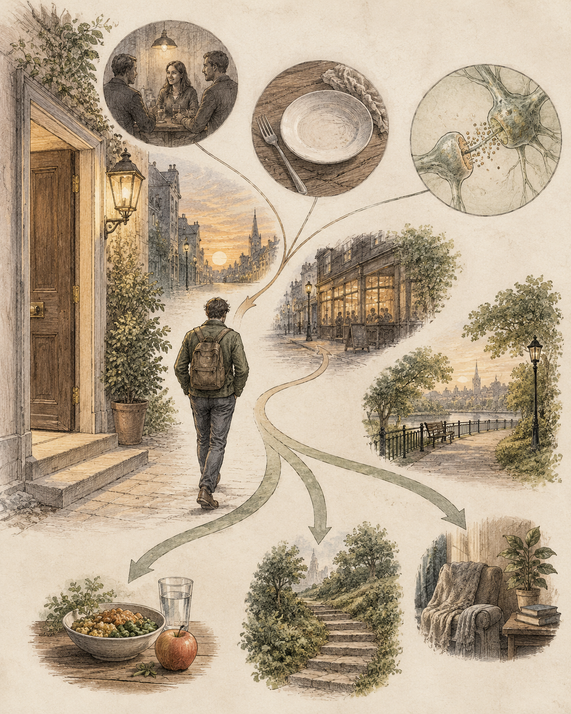 Vintage engraved context map showing earlier choices around high-risk moments.