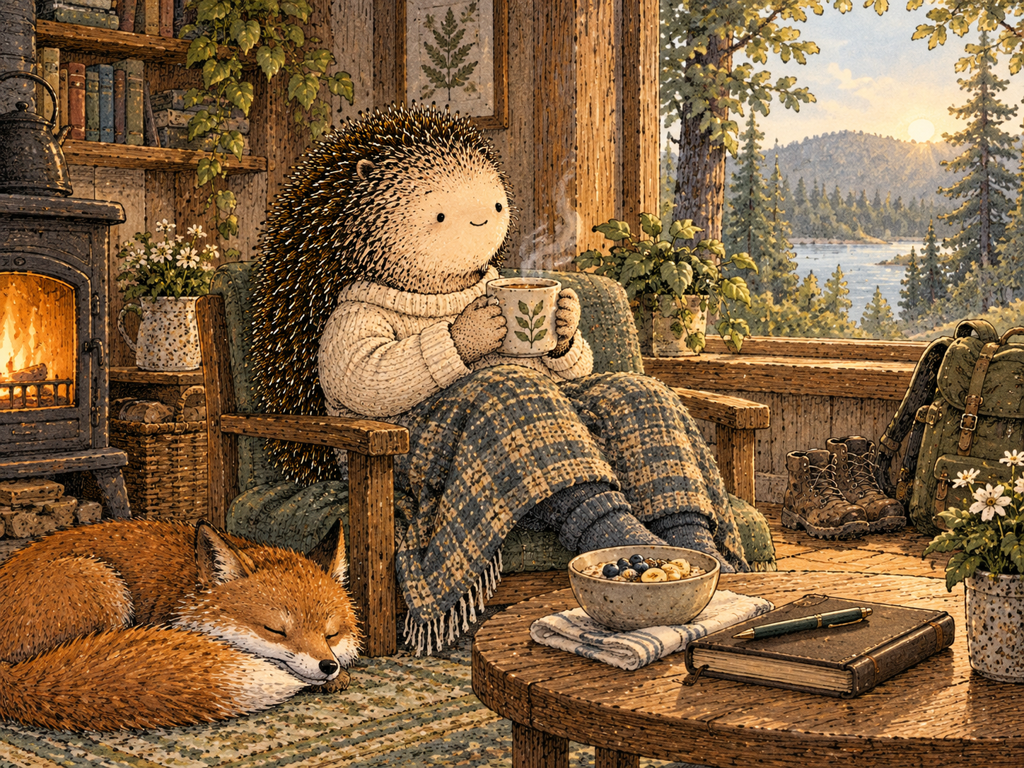 Day 220: A Current Trade Review Prevents Nostalgia From Comparing Alcohol With a Life That No Longer Exists. Woodland hedgehog illustration.