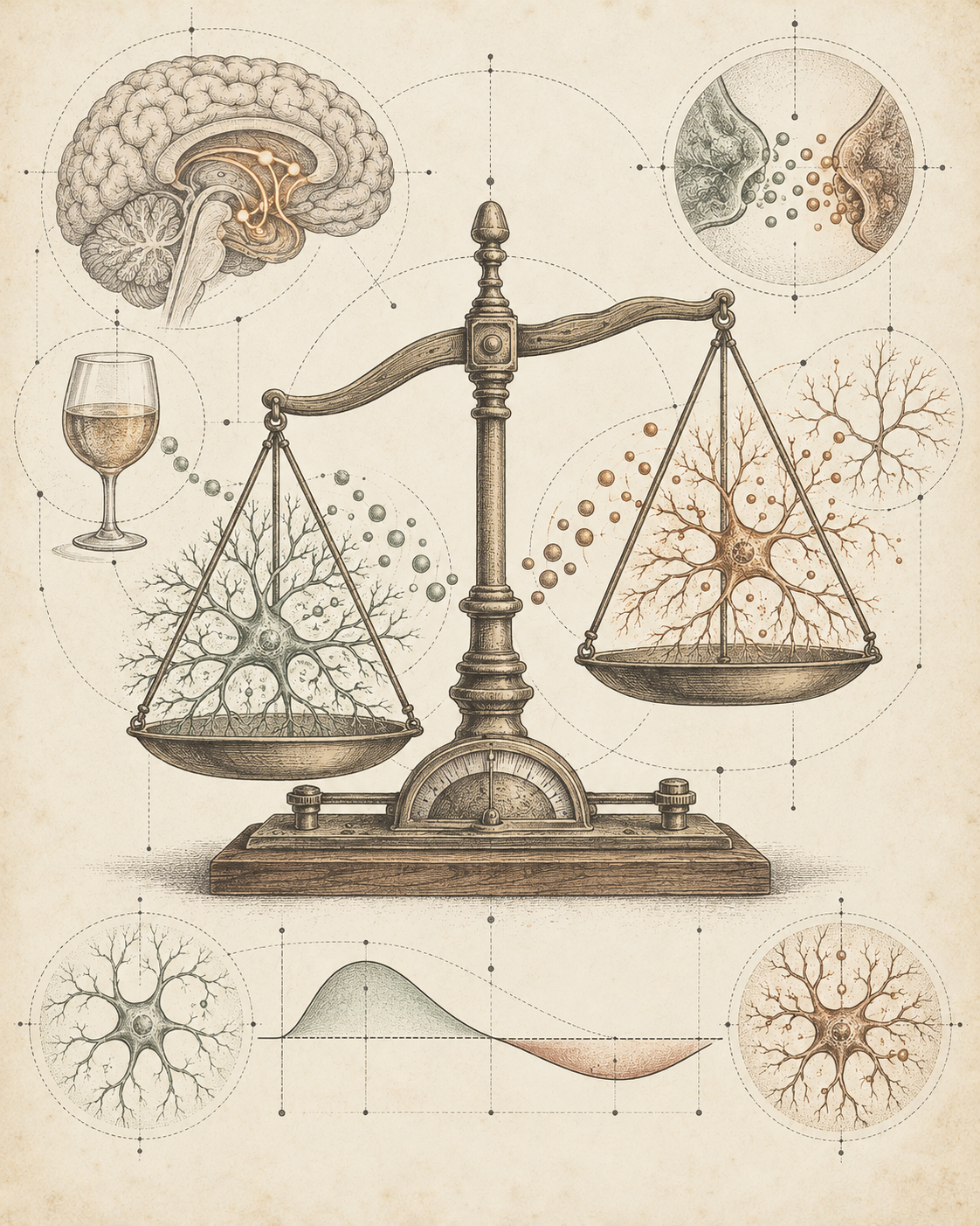 Vintage scientific illustration of opposing neural effects and a balance scale.