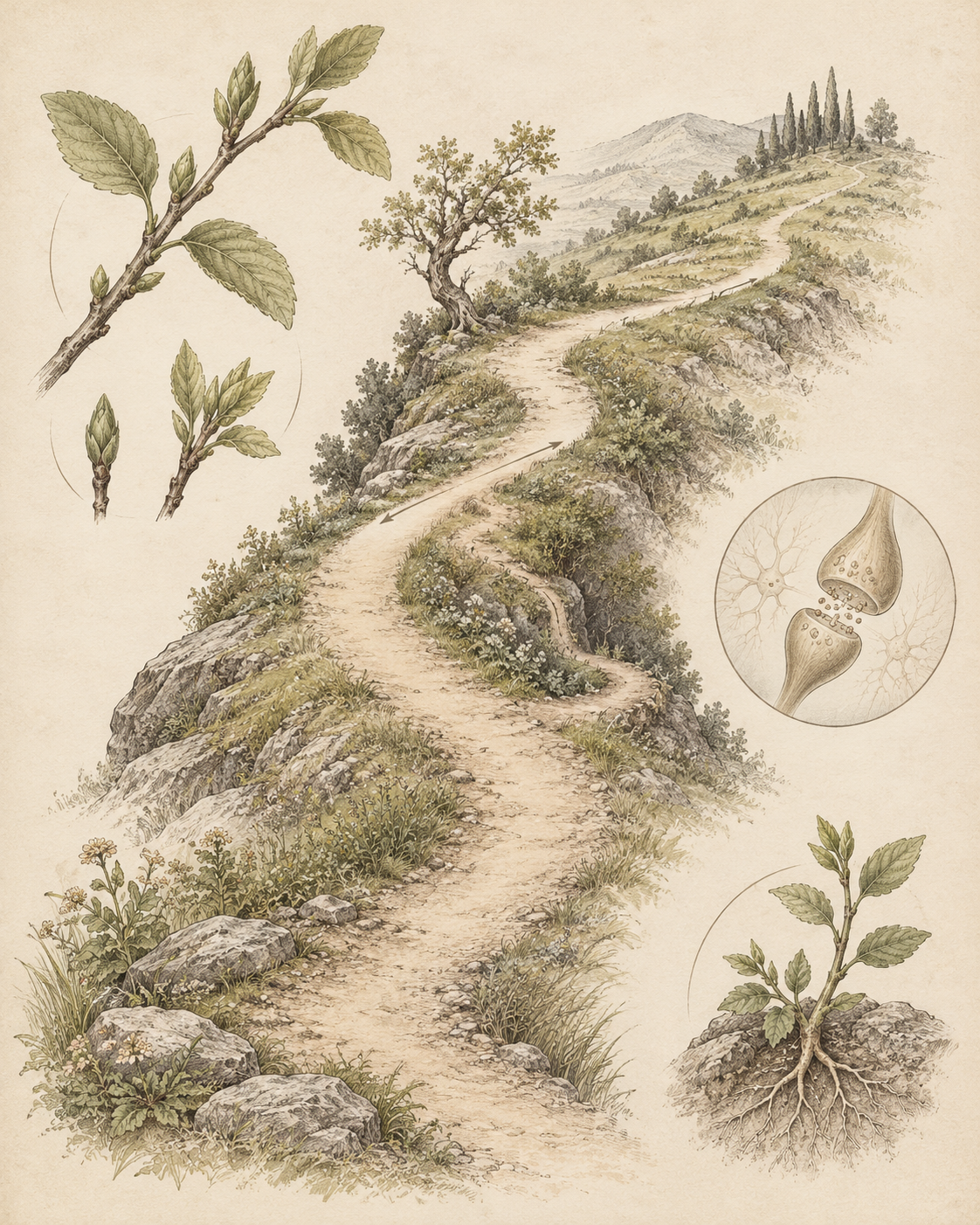 Antique illustration of a detouring path, new growth and a learning synapse.