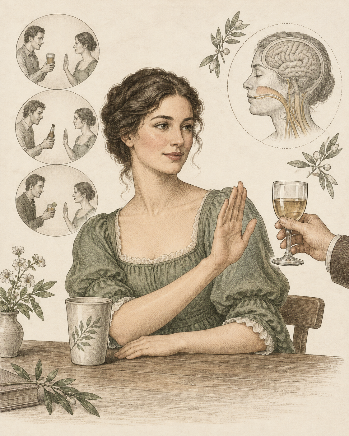 Vintage calm refusal gesture illustrating a settled preference and clear boundary.