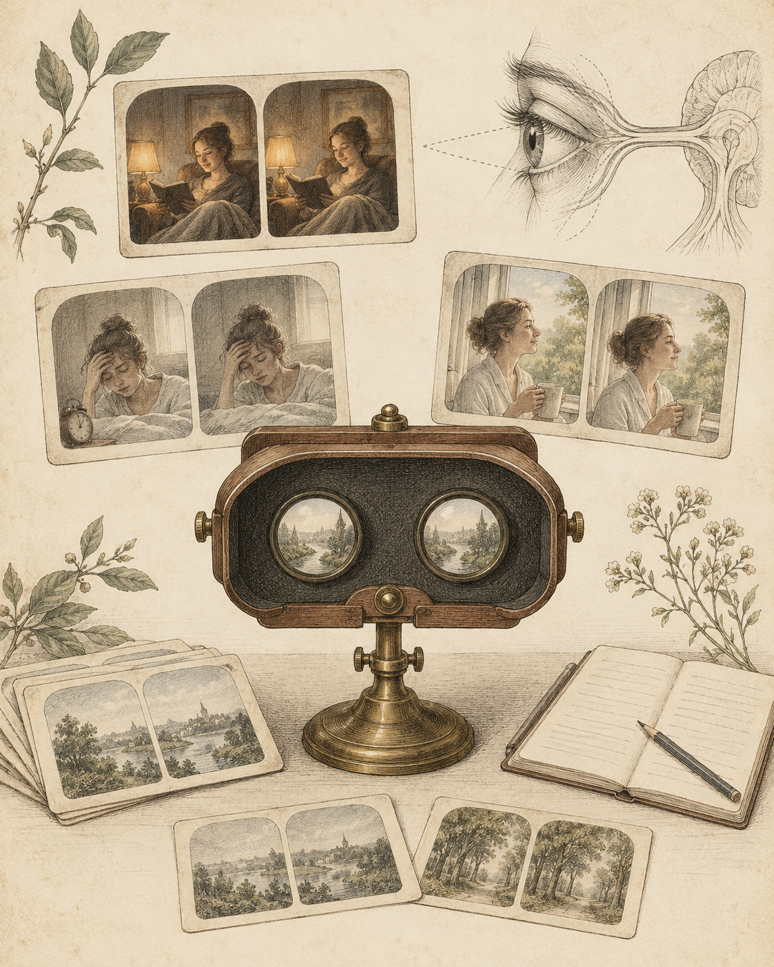 Antique optical viewer and observation records representing the whole experience.