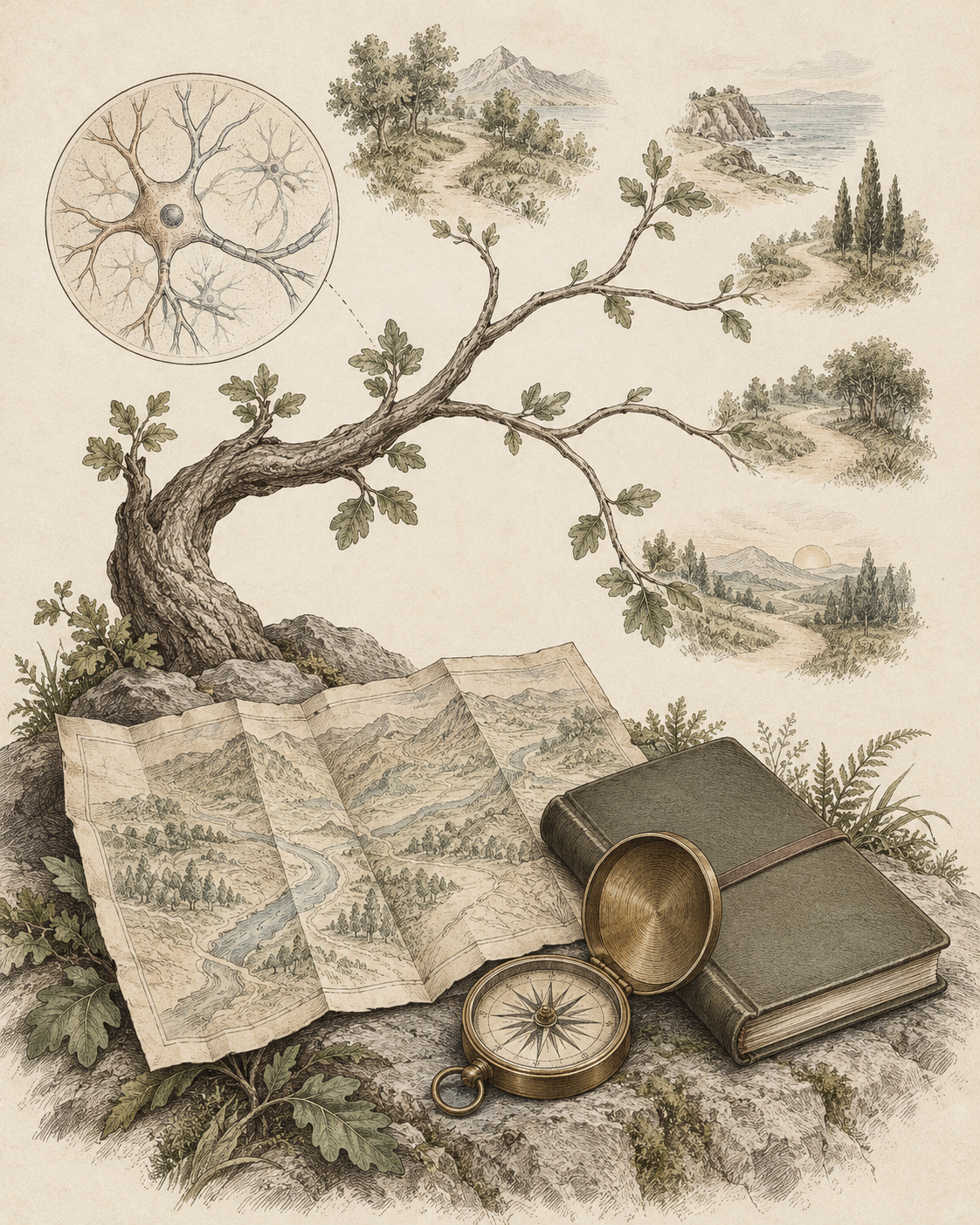 Vintage planning map, plain notebook and branching future pathways.
