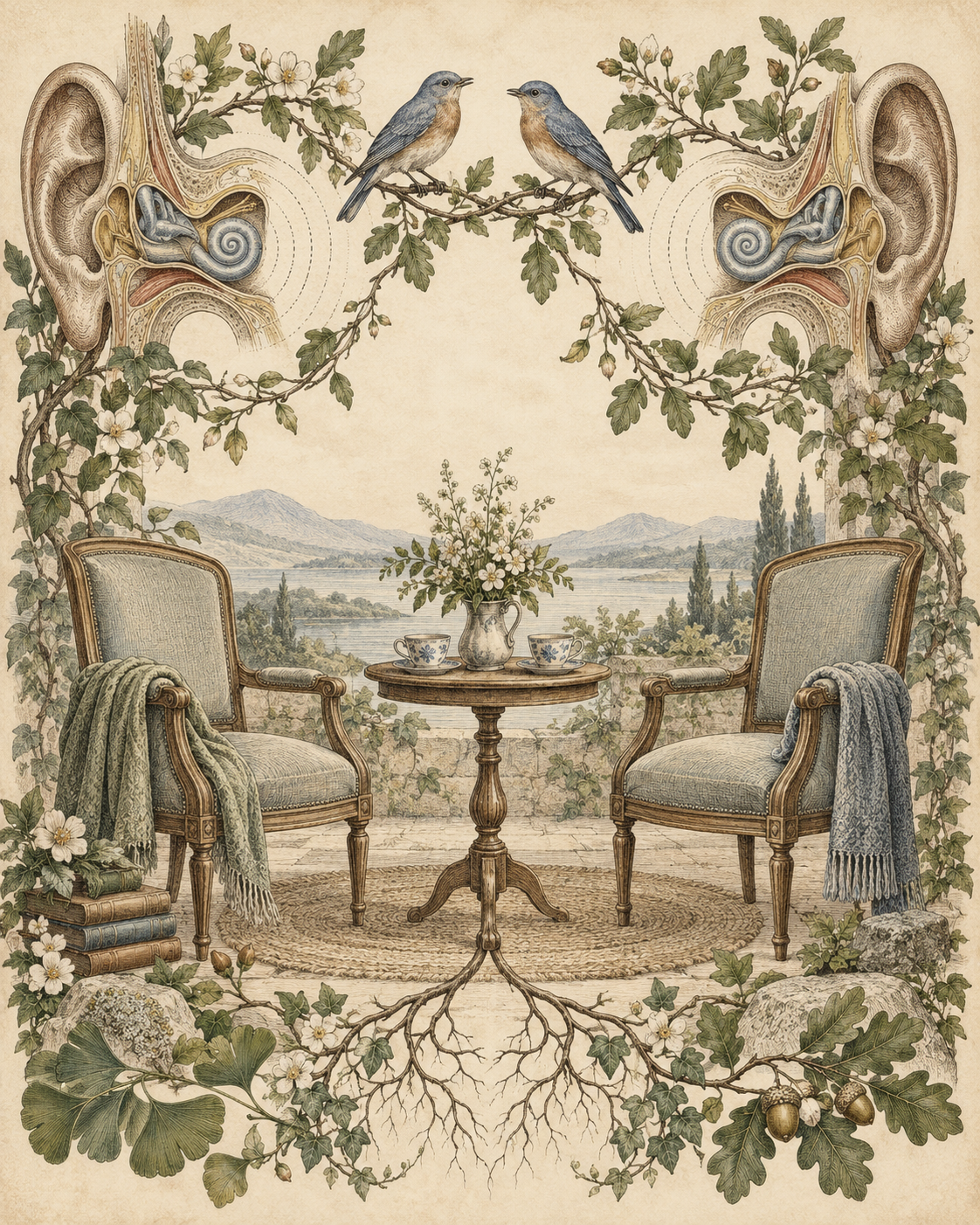 Vintage illustration of two empty chairs, listening anatomy, and paired songbirds.