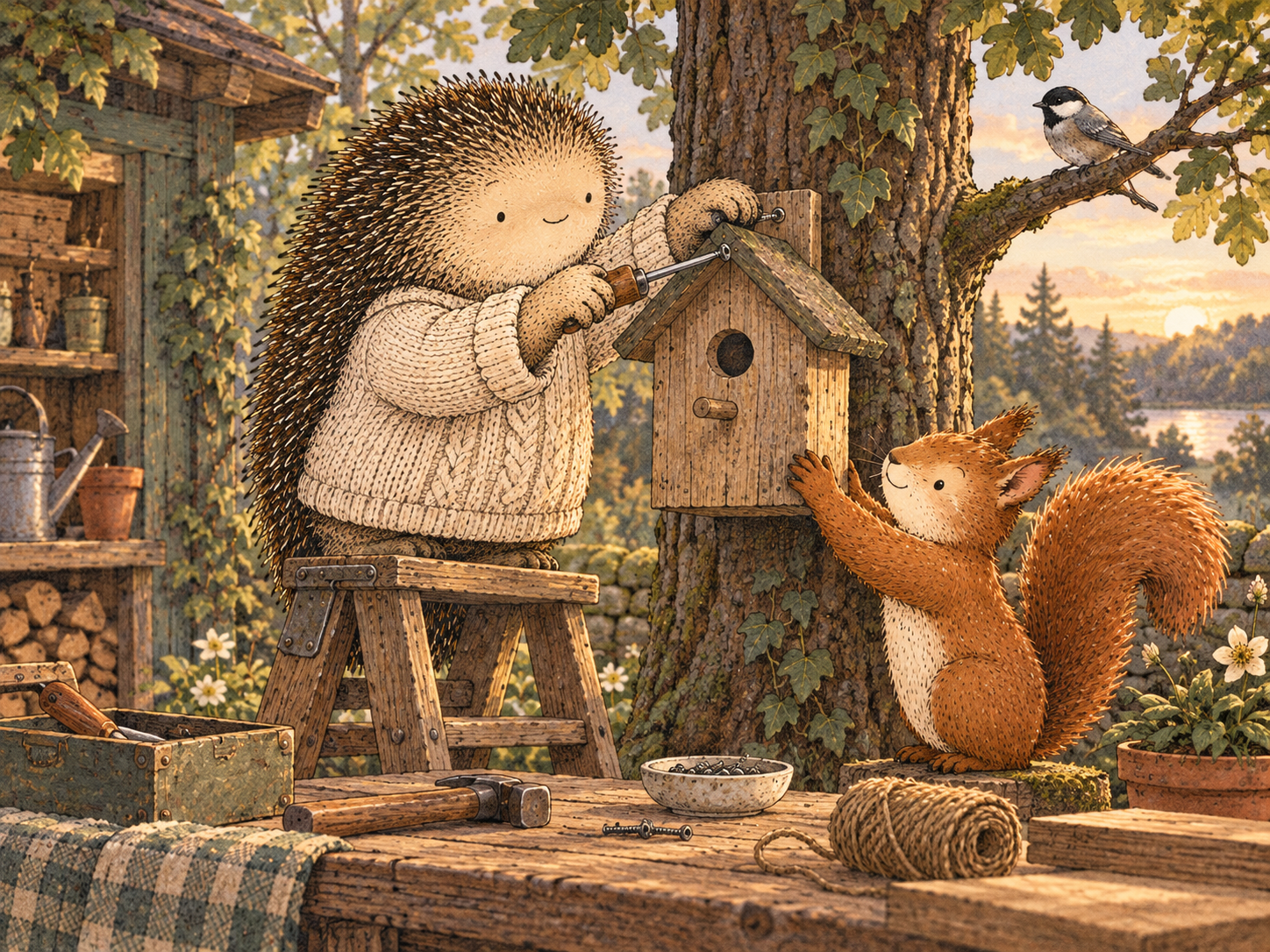 Day 335: Contribution Can Turn Personal Progress Into Connection, Meaning and Visible Usefulness Beyond Yourself. Woodland hedgehog illustration.