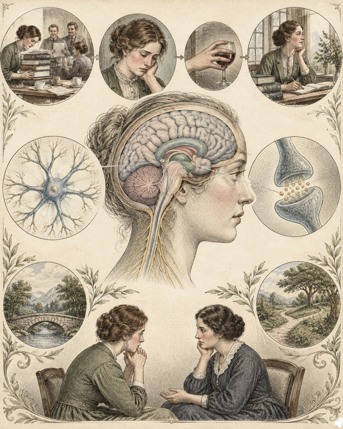 Context, feeling, urge and reflection linked beside neural anatomy and conversation.
