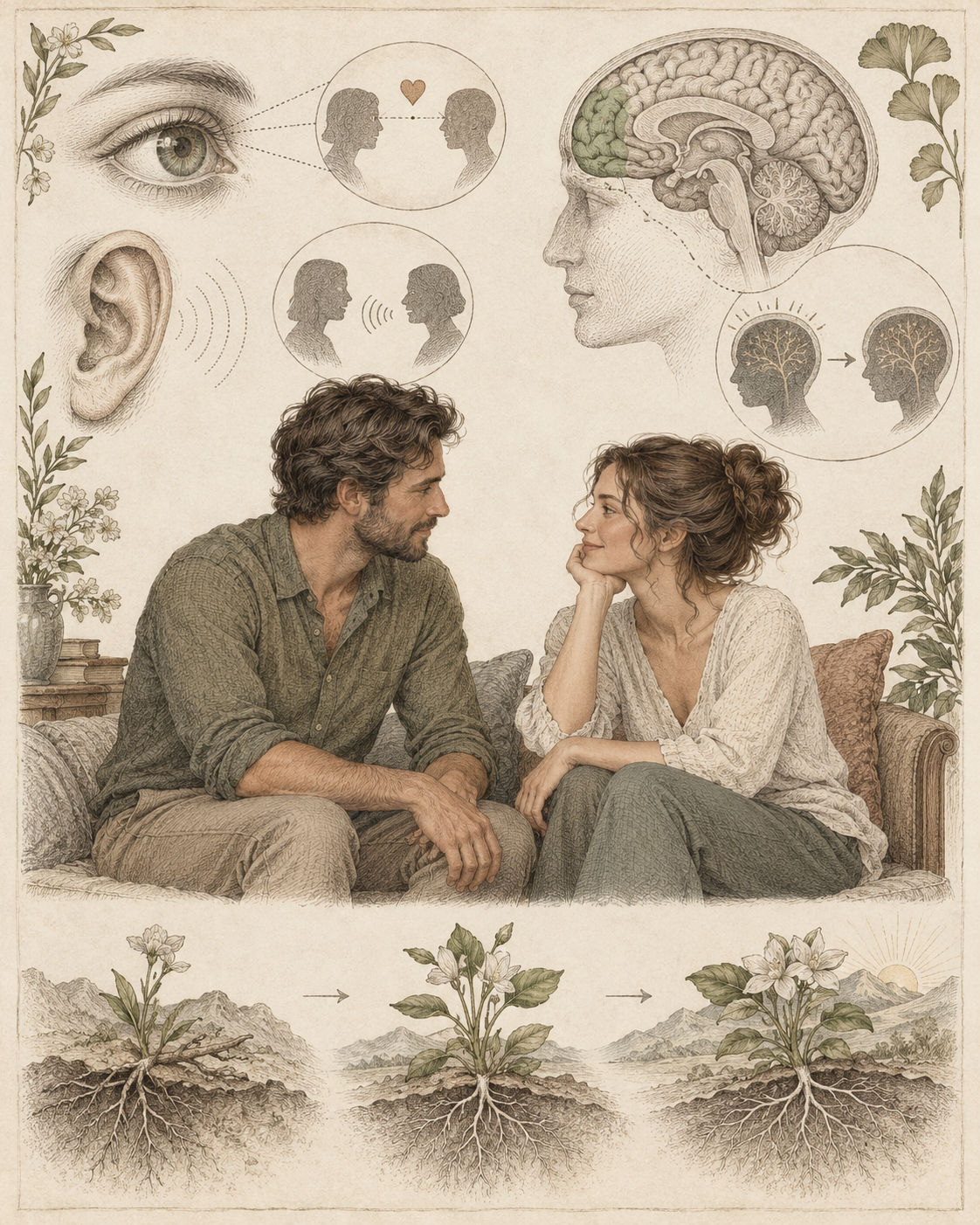 Vintage attentive partners with sensory studies illustrating direct communication and comfort.